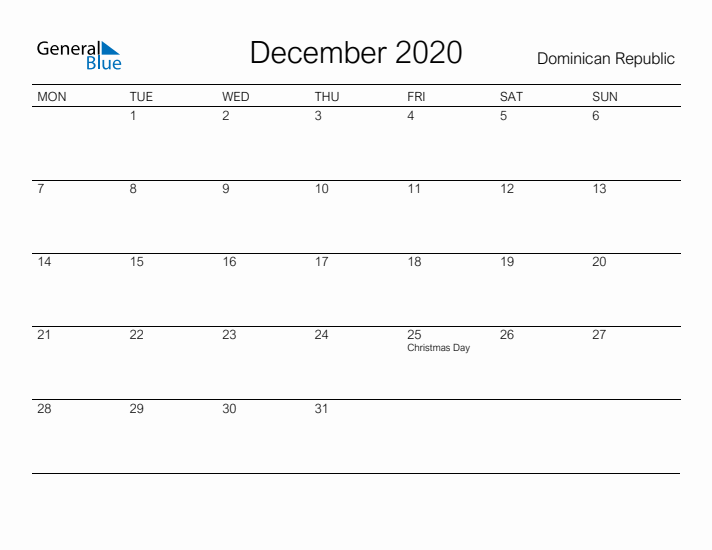 Printable December 2020 Calendar for Dominican Republic