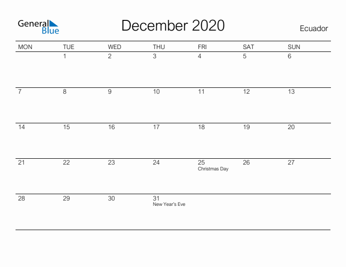 Printable December 2020 Calendar for Ecuador