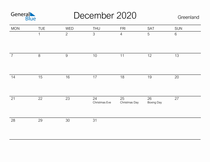 Printable December 2020 Calendar for Greenland