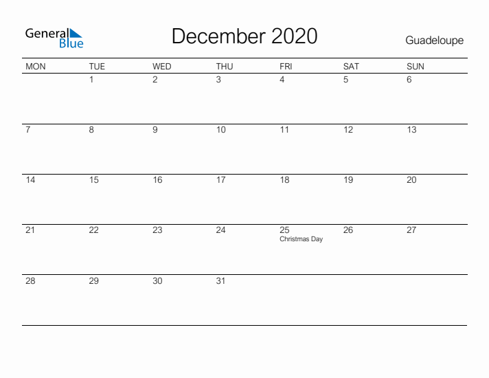 Printable December 2020 Calendar for Guadeloupe