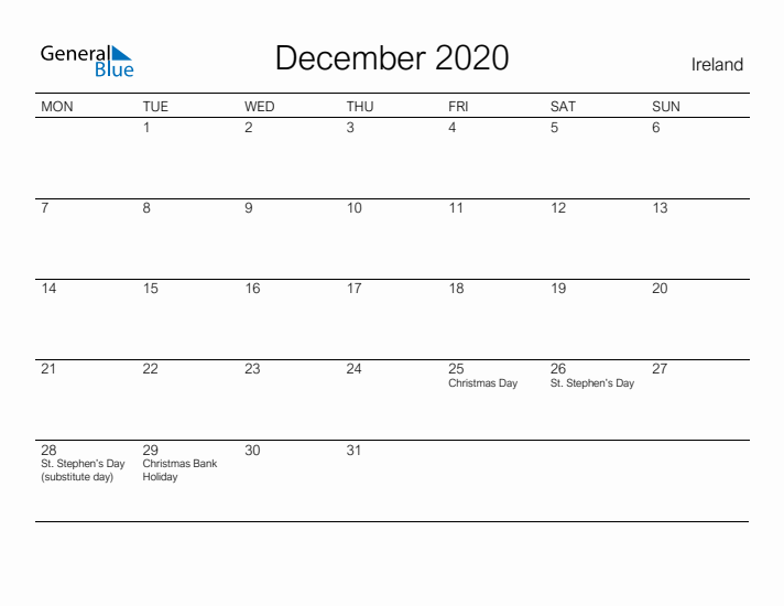 Printable December 2020 Calendar for Ireland