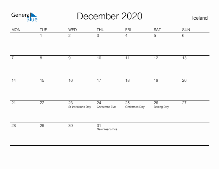 Printable December 2020 Calendar for Iceland