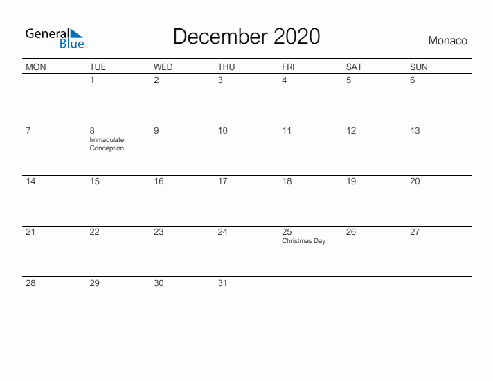 Printable December 2020 Calendar for Monaco