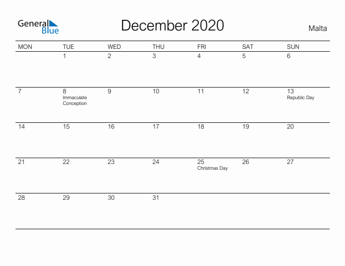 Printable December 2020 Calendar for Malta