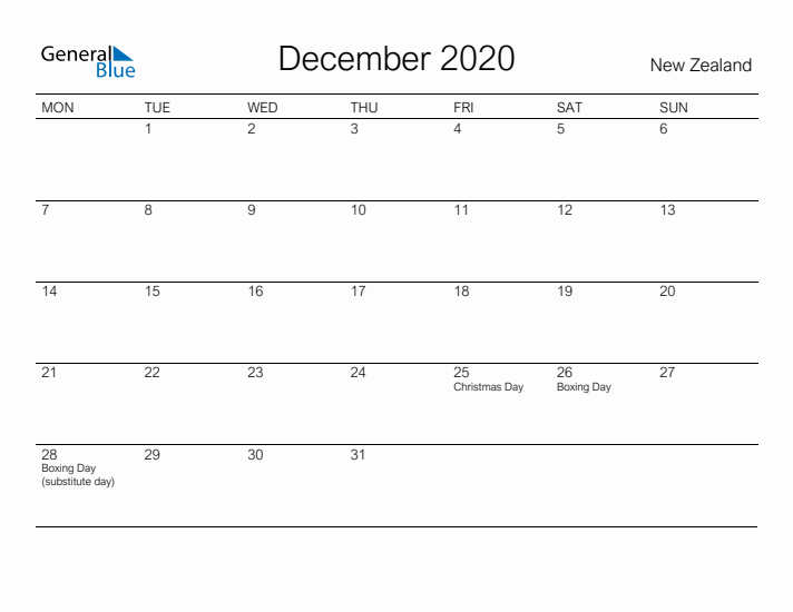 Printable December 2020 Calendar for New Zealand