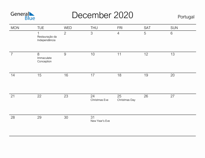 Printable December 2020 Calendar for Portugal