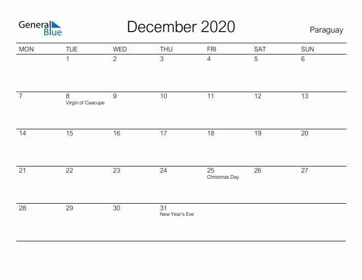 Printable December 2020 Calendar for Paraguay