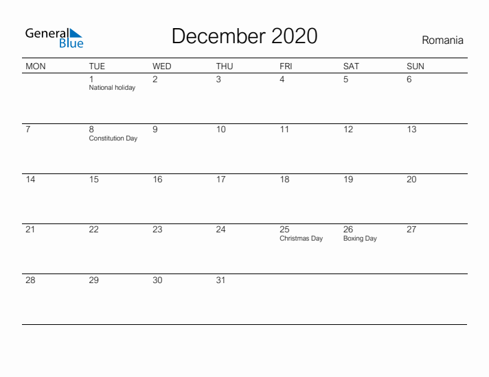 Printable December 2020 Calendar for Romania