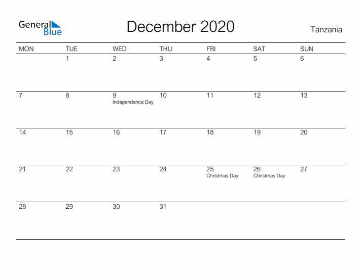 Printable December 2020 Calendar for Tanzania