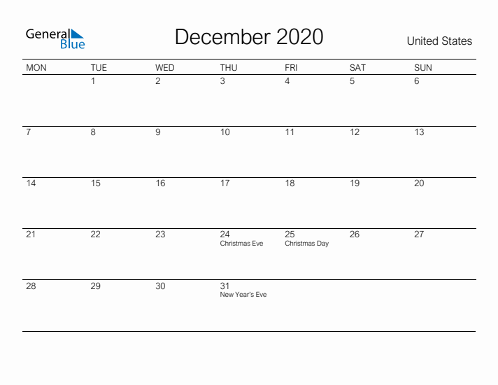 Printable December 2020 Calendar for United States