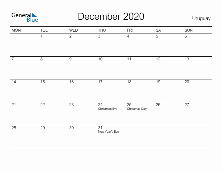 Printable December 2020 Calendar for Uruguay