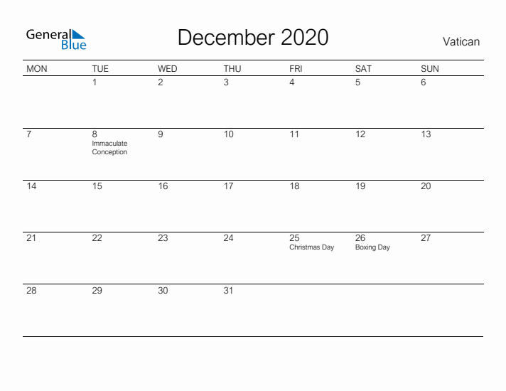 Printable December 2020 Calendar for Vatican