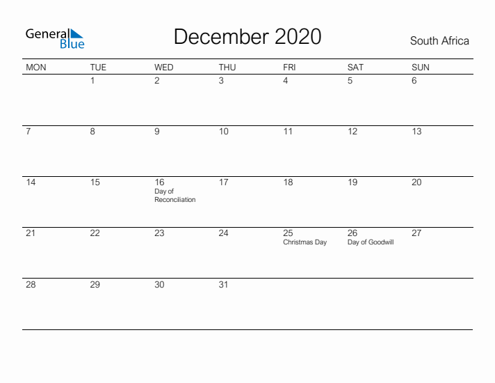 Printable December 2020 Calendar for South Africa