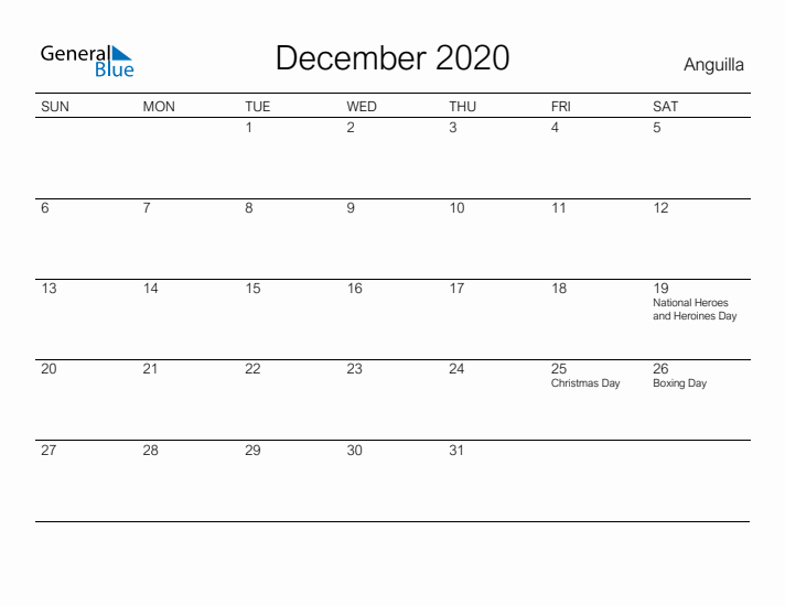 Printable December 2020 Calendar for Anguilla