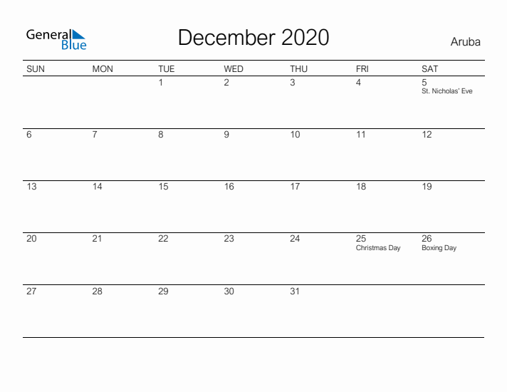 Printable December 2020 Calendar for Aruba