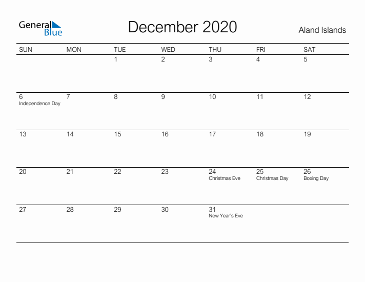 Printable December 2020 Calendar for Aland Islands