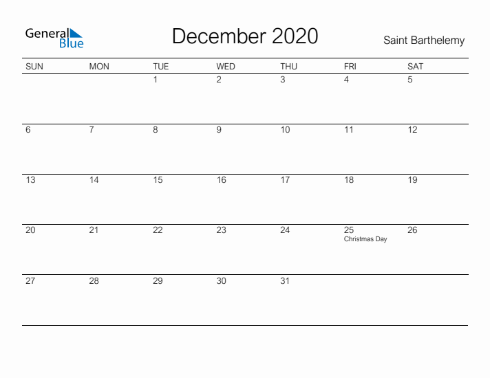 Printable December 2020 Calendar for Saint Barthelemy