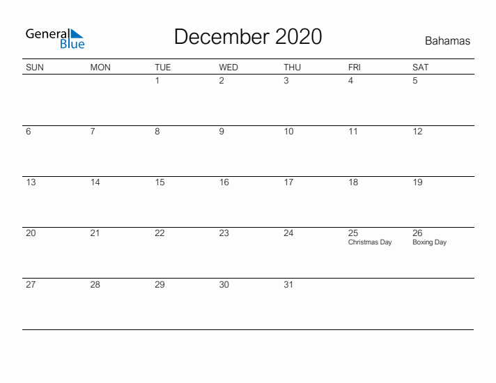 Printable December 2020 Calendar for Bahamas