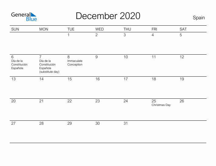 Printable December 2020 Calendar for Spain