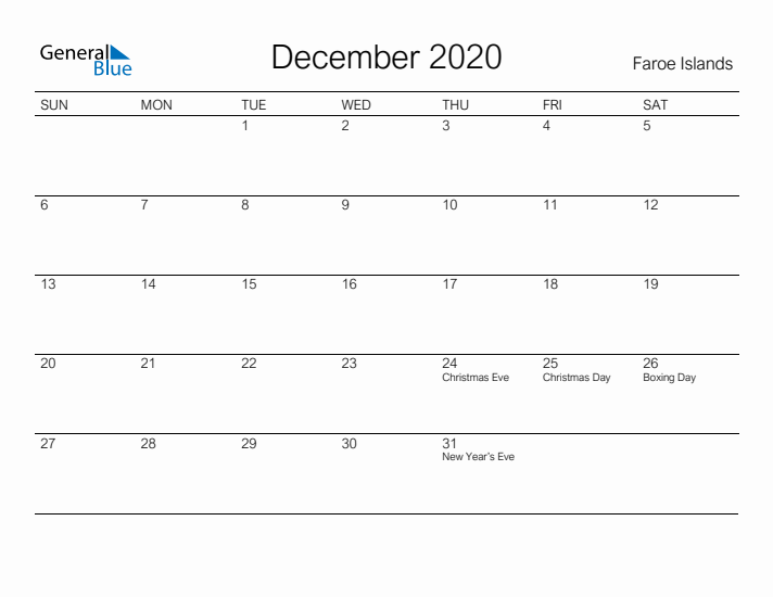 Printable December 2020 Calendar for Faroe Islands