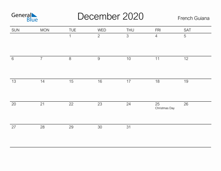 Printable December 2020 Calendar for French Guiana