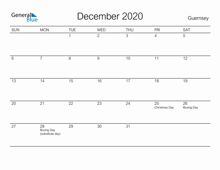 Printable December 2020 Calendar for Guernsey