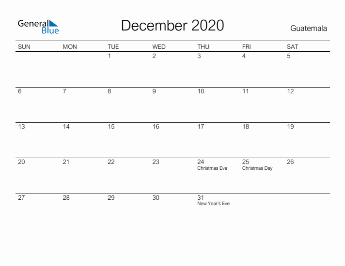 Printable December 2020 Calendar for Guatemala