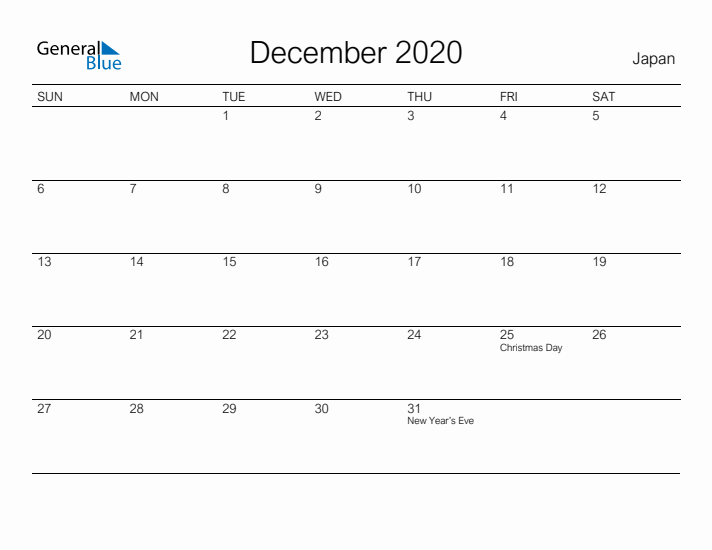 Printable December 2020 Calendar for Japan