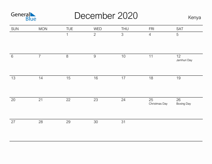 Printable December 2020 Calendar for Kenya