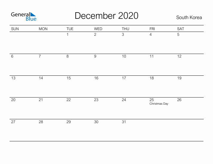 Printable December 2020 Calendar for South Korea