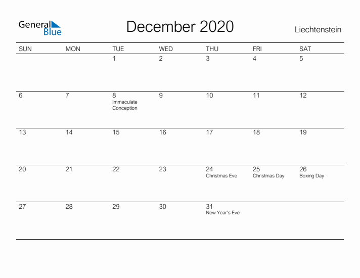 Printable December 2020 Calendar for Liechtenstein