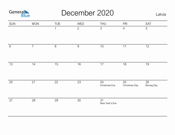 Printable December 2020 Calendar for Latvia