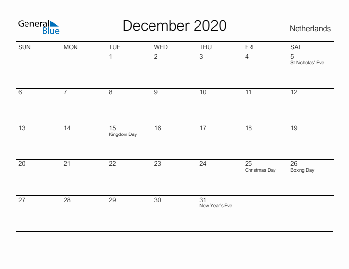 Printable December 2020 Calendar for The Netherlands