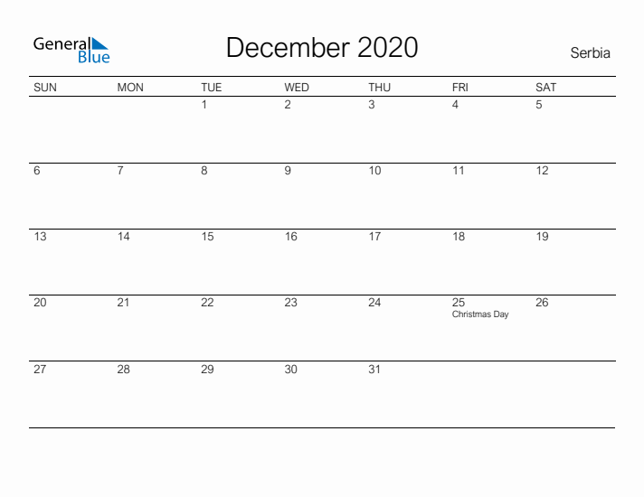 Printable December 2020 Calendar for Serbia