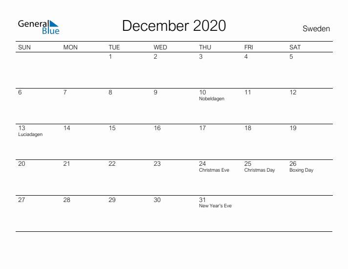 Printable December 2020 Calendar for Sweden