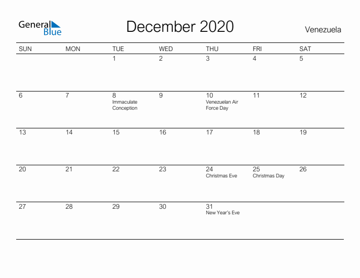 Printable December 2020 Calendar for Venezuela