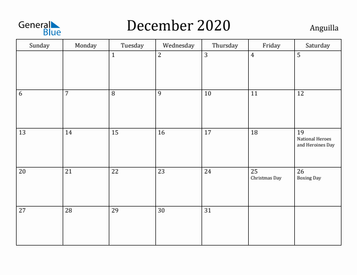 December 2020 Calendar Anguilla