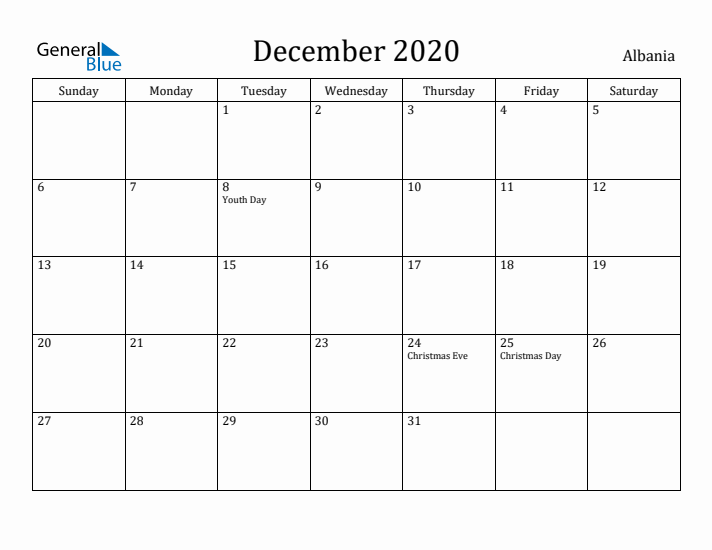 December 2020 Calendar Albania