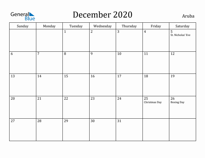 December 2020 Calendar Aruba