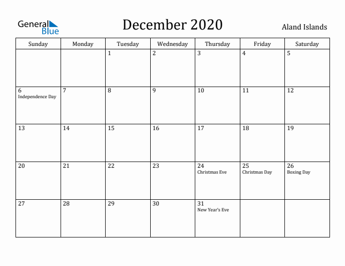 December 2020 Calendar Aland Islands