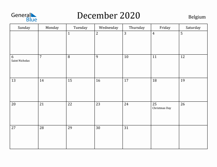 December 2020 Calendar Belgium