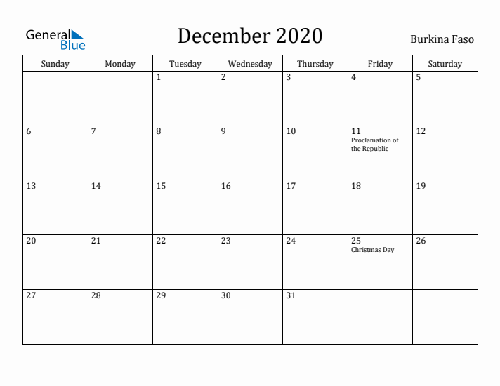 December 2020 Calendar Burkina Faso