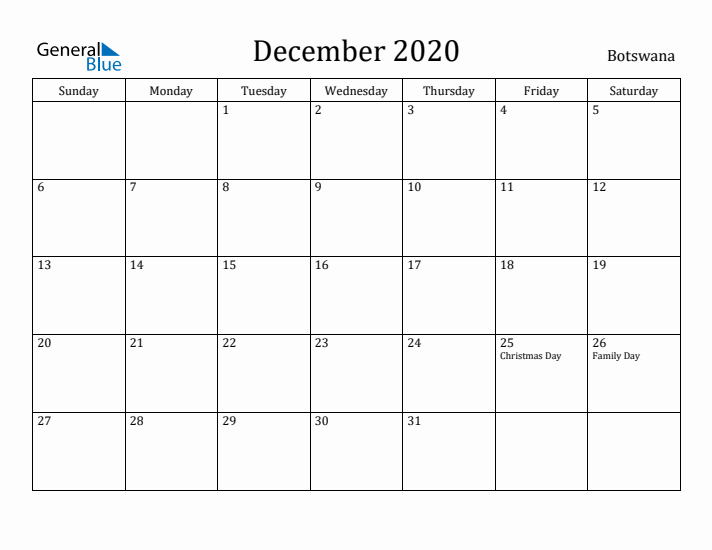 December 2020 Calendar Botswana