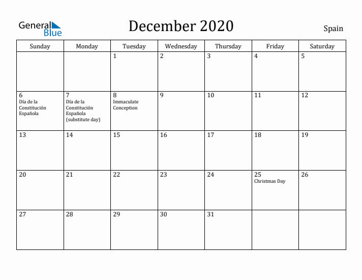 December 2020 Calendar Spain