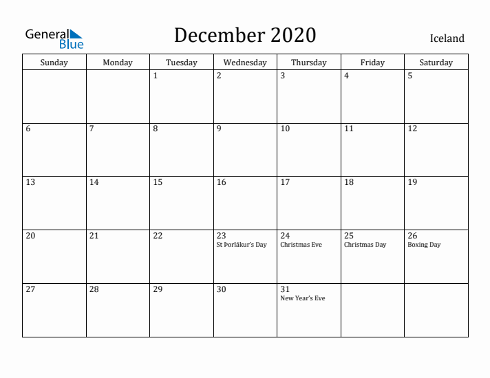 December 2020 Calendar Iceland