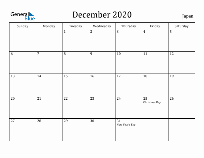 December 2020 Calendar Japan