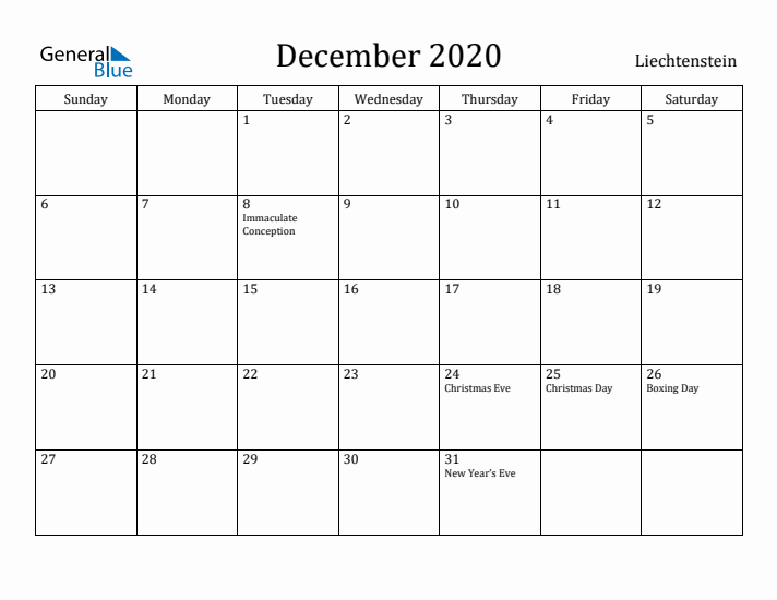 December 2020 Calendar Liechtenstein