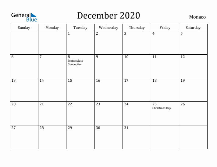 December 2020 Calendar Monaco