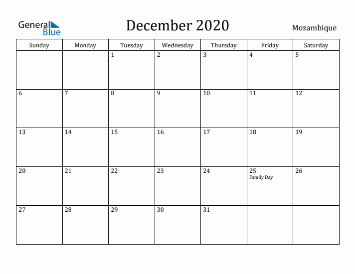 December 2020 Calendar Mozambique