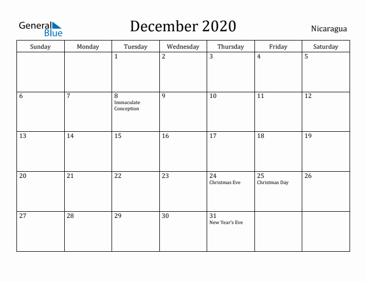 December 2020 Calendar Nicaragua